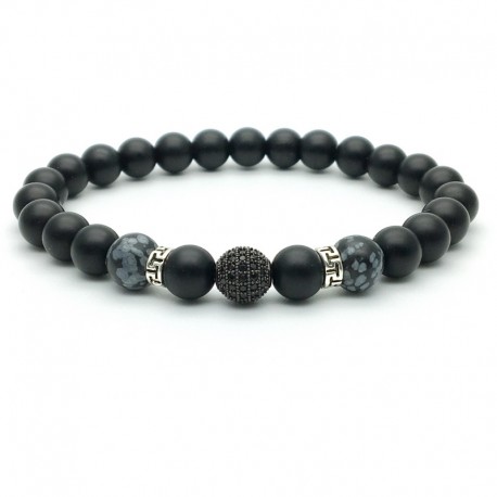 Bracelet perle pavée de Zircon Onx et obsidienne flocon de neige (Homme Femme)