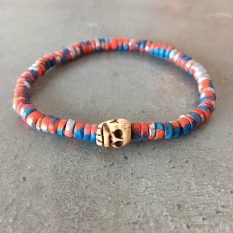 Bracelet tête de mort - Perle orange bleue argent (Homme / Femme)