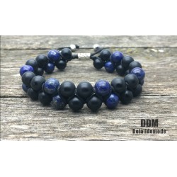 Bracelet DOUBLE Perle Onyx et Oeil de tigre / fermeture style shamballa (mixte homme femme)