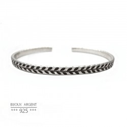 Bracelet jonc plat en Argent 925 - Gravé laurier - Bijou homme