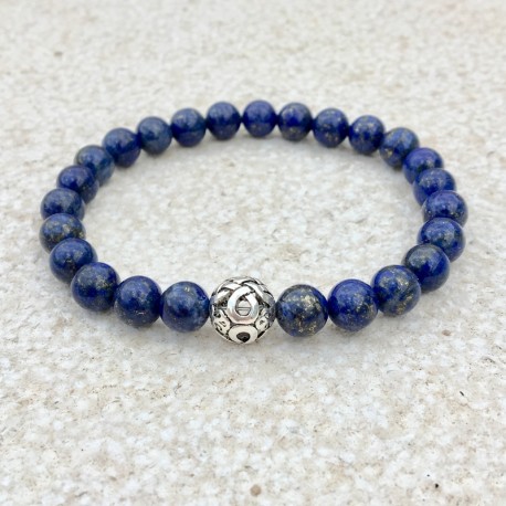 Bracelet en pierres naturelles de lapis lazuli et sa perle sculpté en argent 925, disponible pour homme ou femme