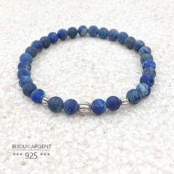 Bracelet 6mm en pierres naturelles de Lapis Lazuli dépolies avec perles en argent 925 KPC51