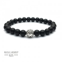 Natural gemstone black matte onyx bracelet with carved 925 silver bead