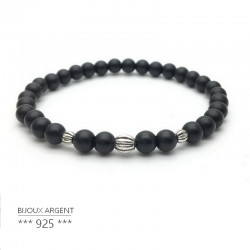 Bracelet 6mm en pierres naturelles, onyx noir avec perles en argent 925