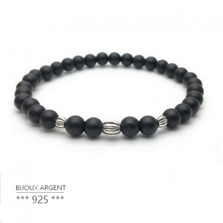 Bracelet 6mm natural gemstone of black onyx with beads in silver 925