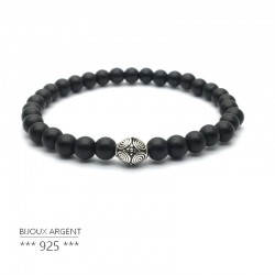 Bracelet 6mm en pierres naturelles, onyx noir avec perle en argent 925