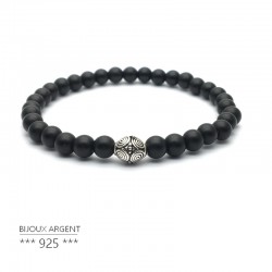 Bracelet 6mm natural gemstone of black onyx with bead in silver 925