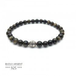 Bracelet 6mm en pierres naturelles d'obsidienne dorées avec perle en argent 925