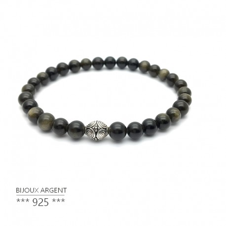 Bracelet 6mm natural gemstone of golden obsidian with bead in silver 925