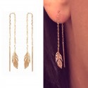 Gold plated cross chain earrings, feather dangling, long earrings - L'INDIENNE