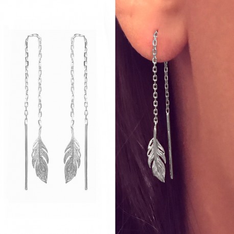 Boucles d'oreilles longues pendantes plume argent 925 - L'INDIENNE