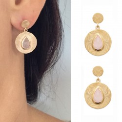 Gold plated earrings, round, ribbed, stony rose quartz - BAZAR CHIC - Lithotherapy, natural stones, chic