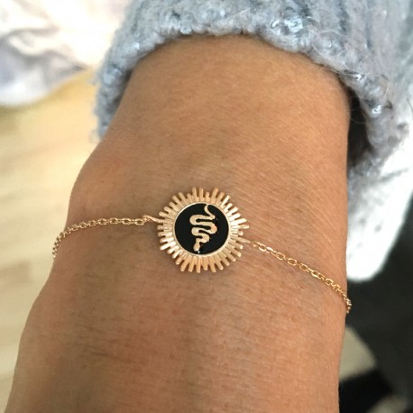 Bracelet plaqué or rayon de soleil / serpent en relief sur émail noir - SNAKE -