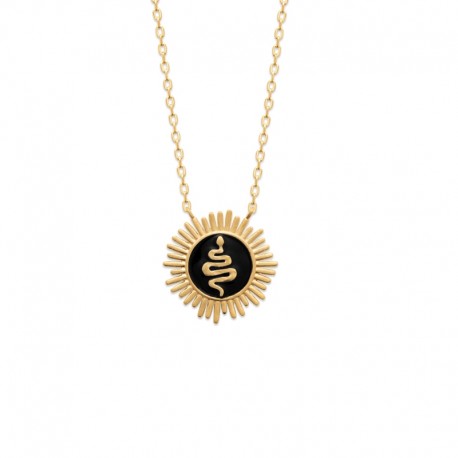 Gold plated sunbeam necklace / snake medallion in relief on black enamel - SNAKE -