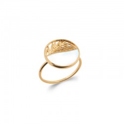 Gold-plated, palm and mother-of-pearl round ring - JUNGLE - Palm leaf pattern