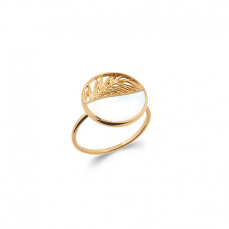 Gold-plated, palm and mother-of-pearl round ring - JUNGLE - Palm leaf pattern