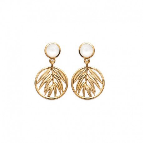 Gold-plated, palm and mother-of-pearl pendant earrings - JUNGLE - Palm leaf pattern