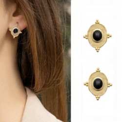 Gold plated earrings, ONYX pendant - SOFIA - Oval pendant earrings with natural stones