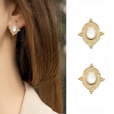 Boucles d'oreilles pierre de lune plaqué or - SOFIA - Boucles d'oreilles pendantes ovales et pierres naturelles