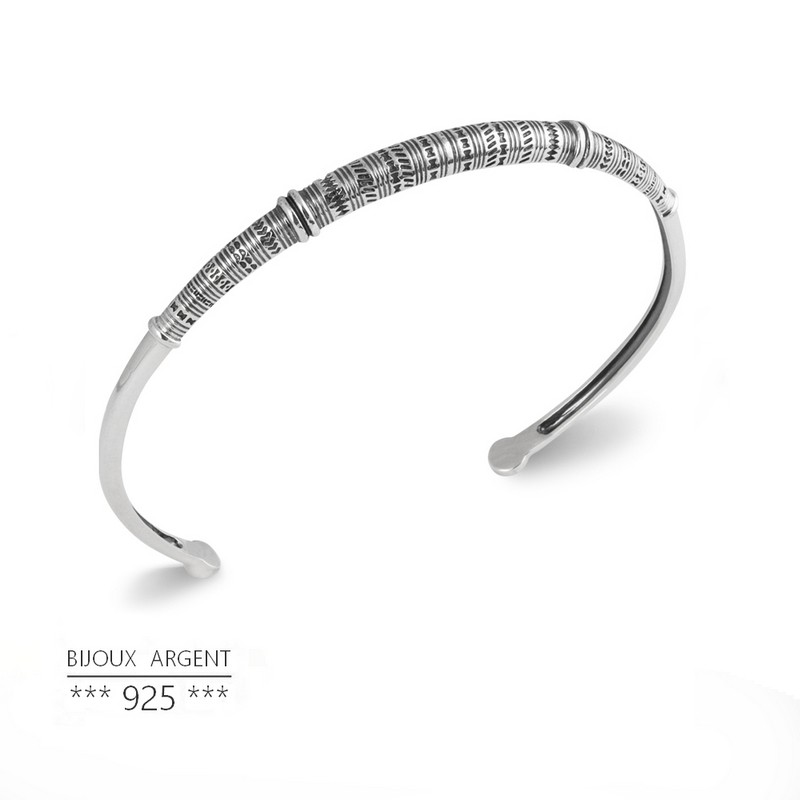 Bracelet Jonc homme en argent massif monture ciselée 62 mm pas cher