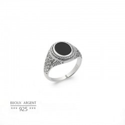 Men's ring with black stone - Oval onyx - 925 silver jewel