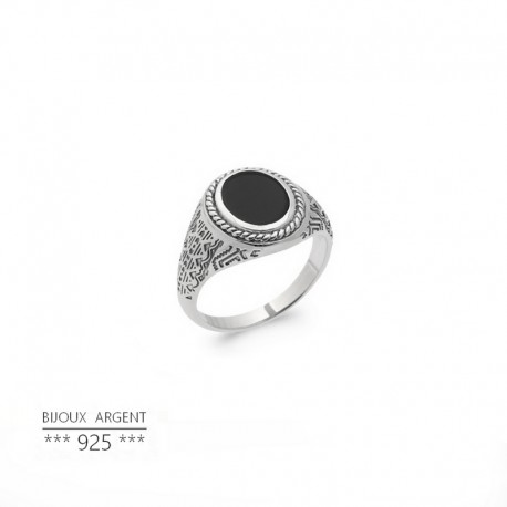 Bague homme avec pierre noire - Onyx ovale - Bijou argent 925