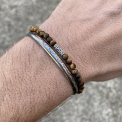 Pack of bracelets Man 1 stell bangle + 1 matt tiger eyes bracelet and its silver 925 bead