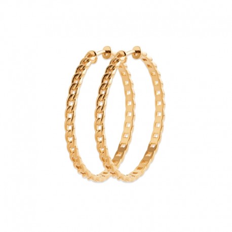 Gold plated earrings, medium hoops 1.6 inch - Curb link - Rigid mesh chains