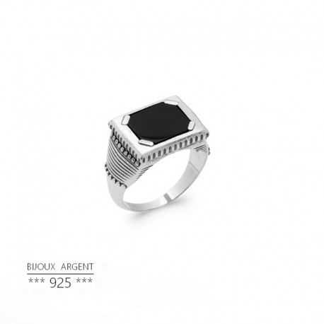 Grosse Bague chevalière pour homme avec Onyx noir - Pierre rectangulaire - Bijou argent 925