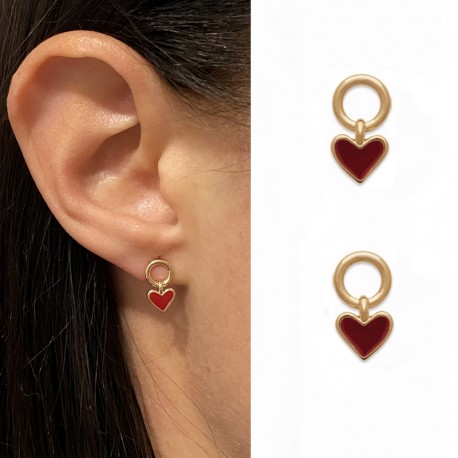 Boucles d'oreilles dorées 18K cœur émaillé rouge - lobe femme moderne