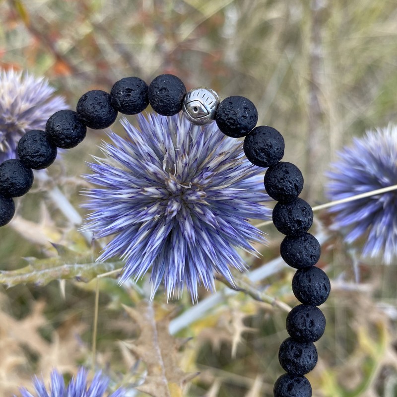 Bracelet Homme Femme Perles Naturelles Pierre de Lave Oeil de