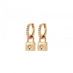 Padlock charm earrings with zircon on star shape - AMOUR - 18K gold plated hoops