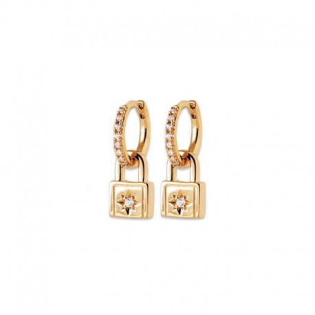 Padlock charm earrings with zircon on star shape - AMOUR - 18K gold plated hoops