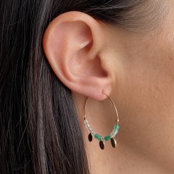 Gold plated hoops earrings in 1.2 inch - Green chalcedony with tassels - Medium hoops size