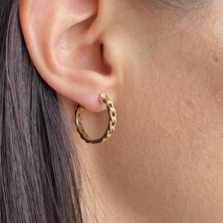 Gold plated earrings hoops 0.75 inch - Curb link - Rigid mesh chains