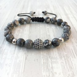 Bracelet perle pavée de Zircon et jaspre (Homme Shamballa argent)