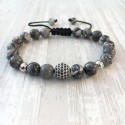 Bracelet micro pave Zircon bead and gray jasper (Man Shamballa silver)
