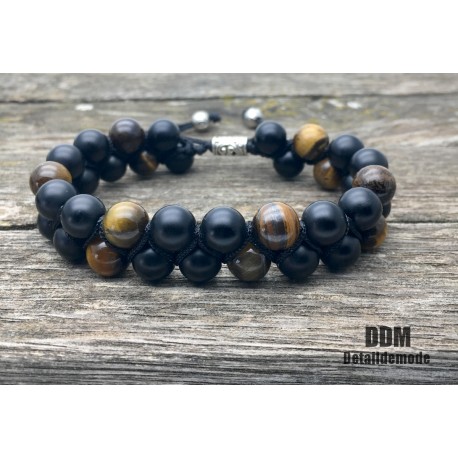 Bracelet DOUBLE Perle Onyx et Oeil de tigre / fermeture style shamballa (mixte homme femme)